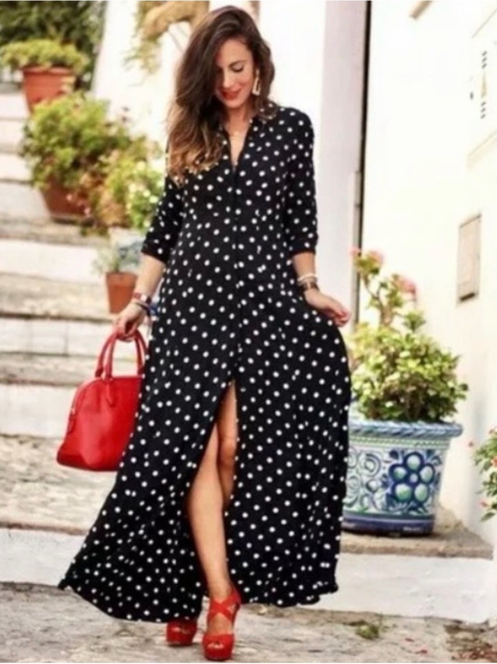 Zara Black and White Polka Dot Long Sleeve Maxi Dress M